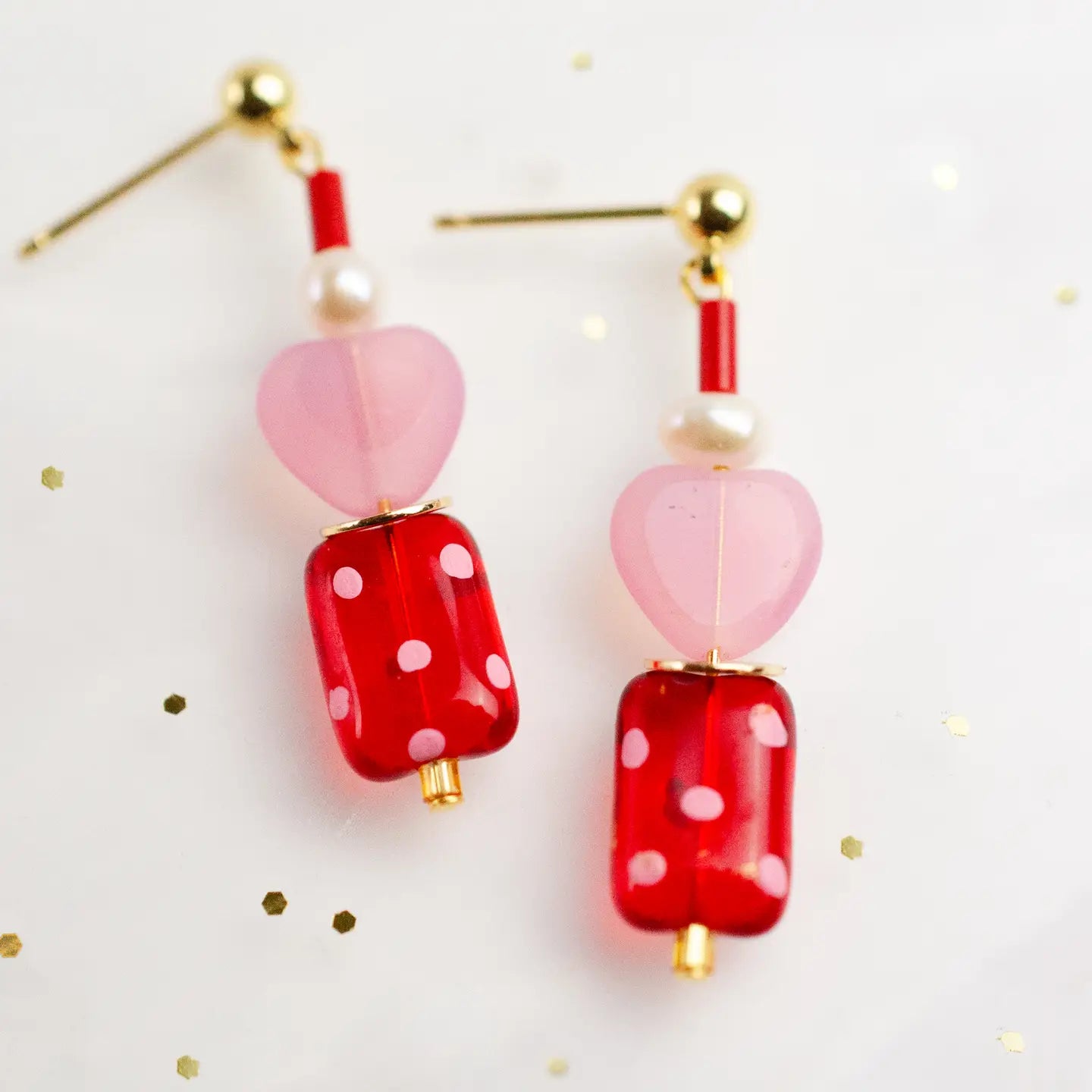 Valentina Polkadot Heart Earrings Pink and Red with Pearls