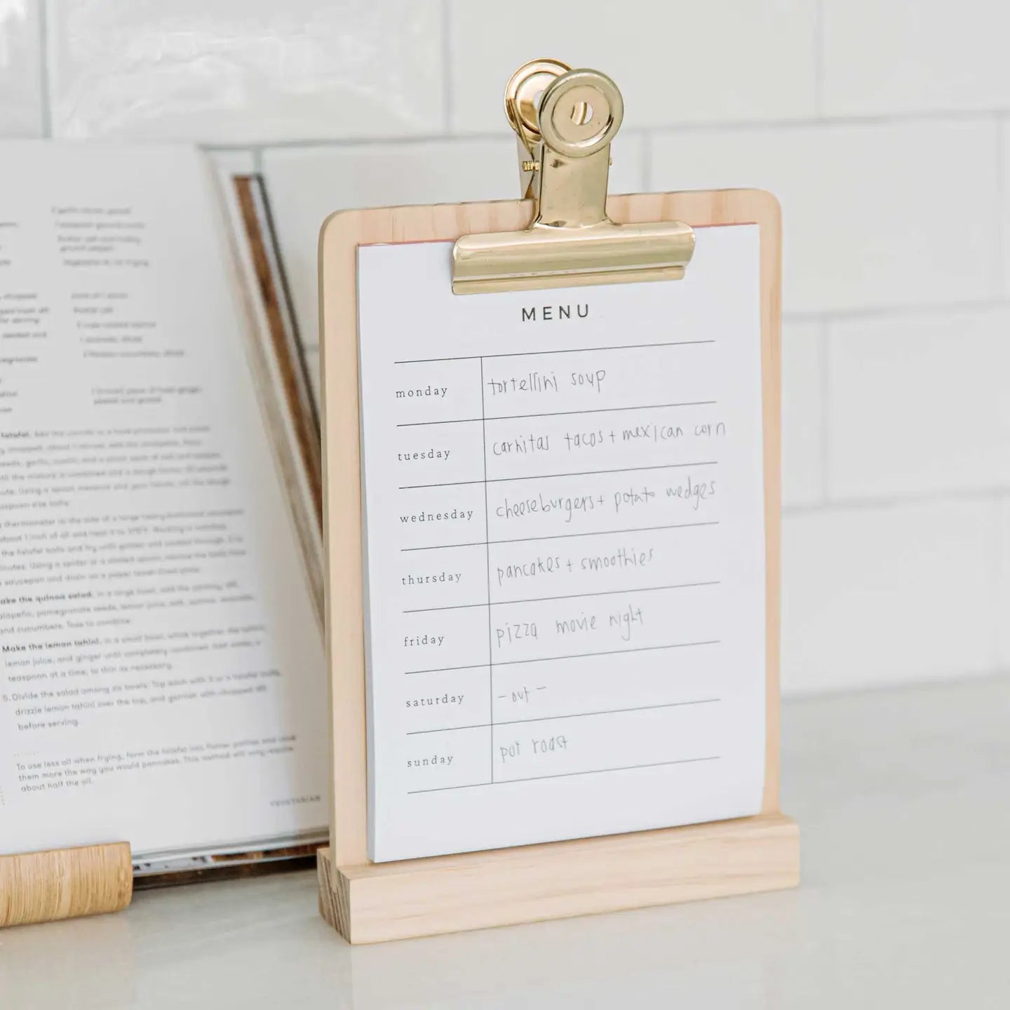 Weekly Menu Stand – Wooden Base with Refillable Meal Planner