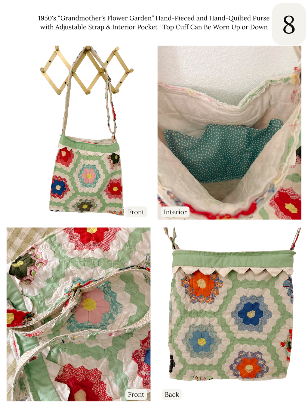 Antique Quilt Handmade Tote Bag Purse with Adjustable Strap and Interior Pocket, 6 Options