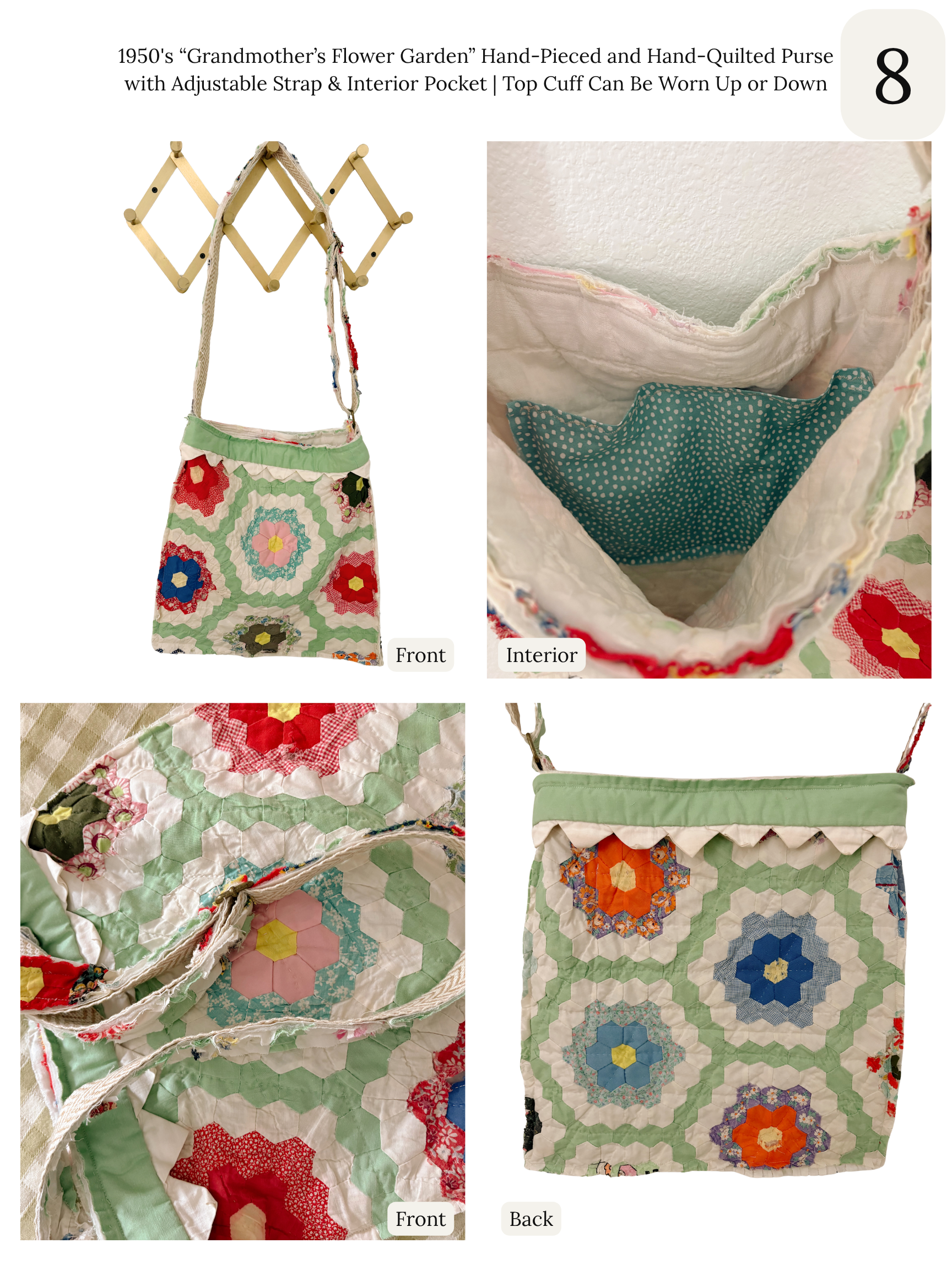 Antique Quilt Handmade Tote Bag Purse with Adjustable Strap and Interior Pocket, 6 Options