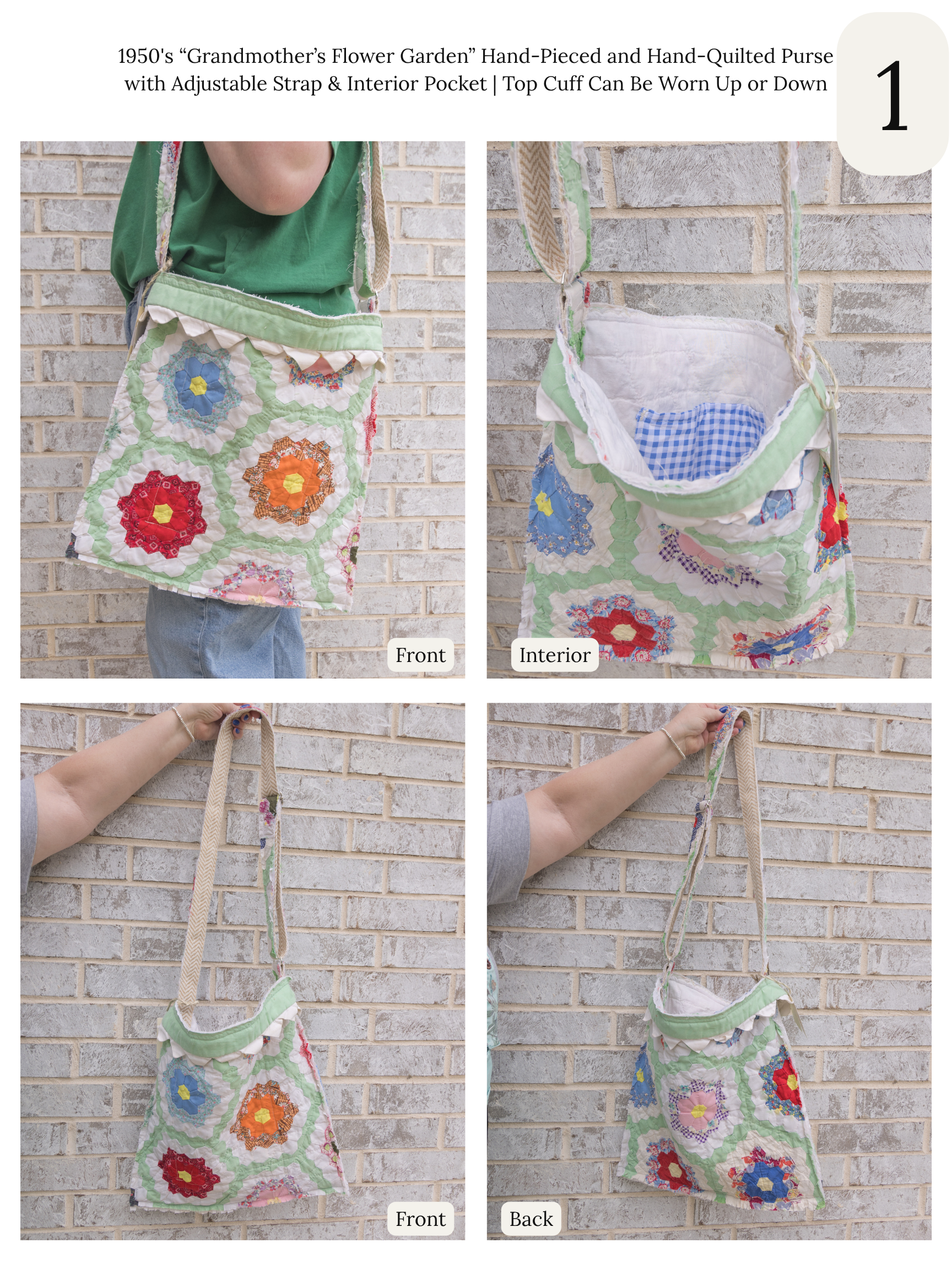 Antique Quilt Handmade Tote Bag Purse with Adjustable Strap and Interior Pocket, 6 Options