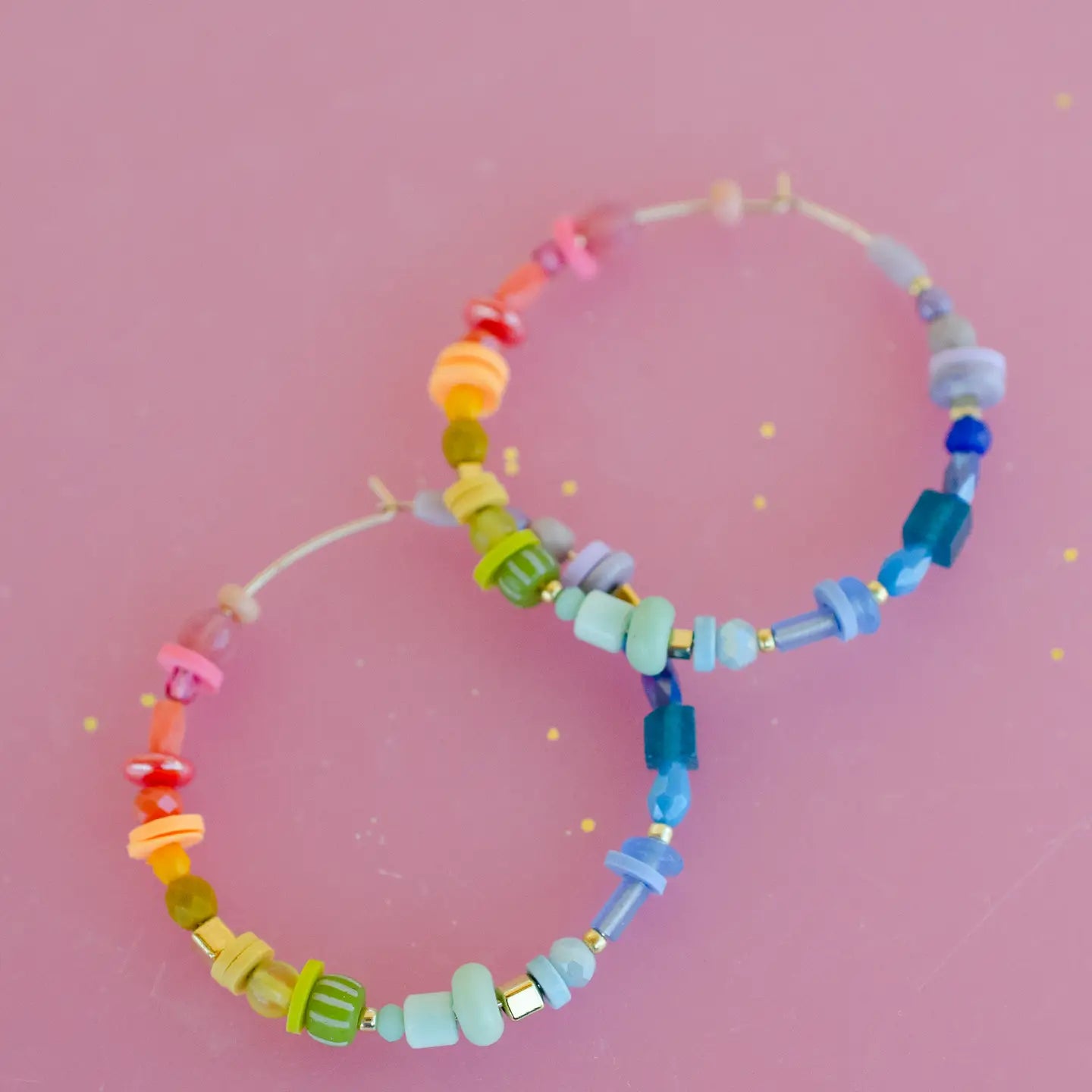 Rainbow Beaded Large Hoop Earrings