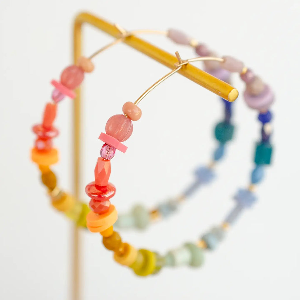 Rainbow Beaded Large Hoop Earrings