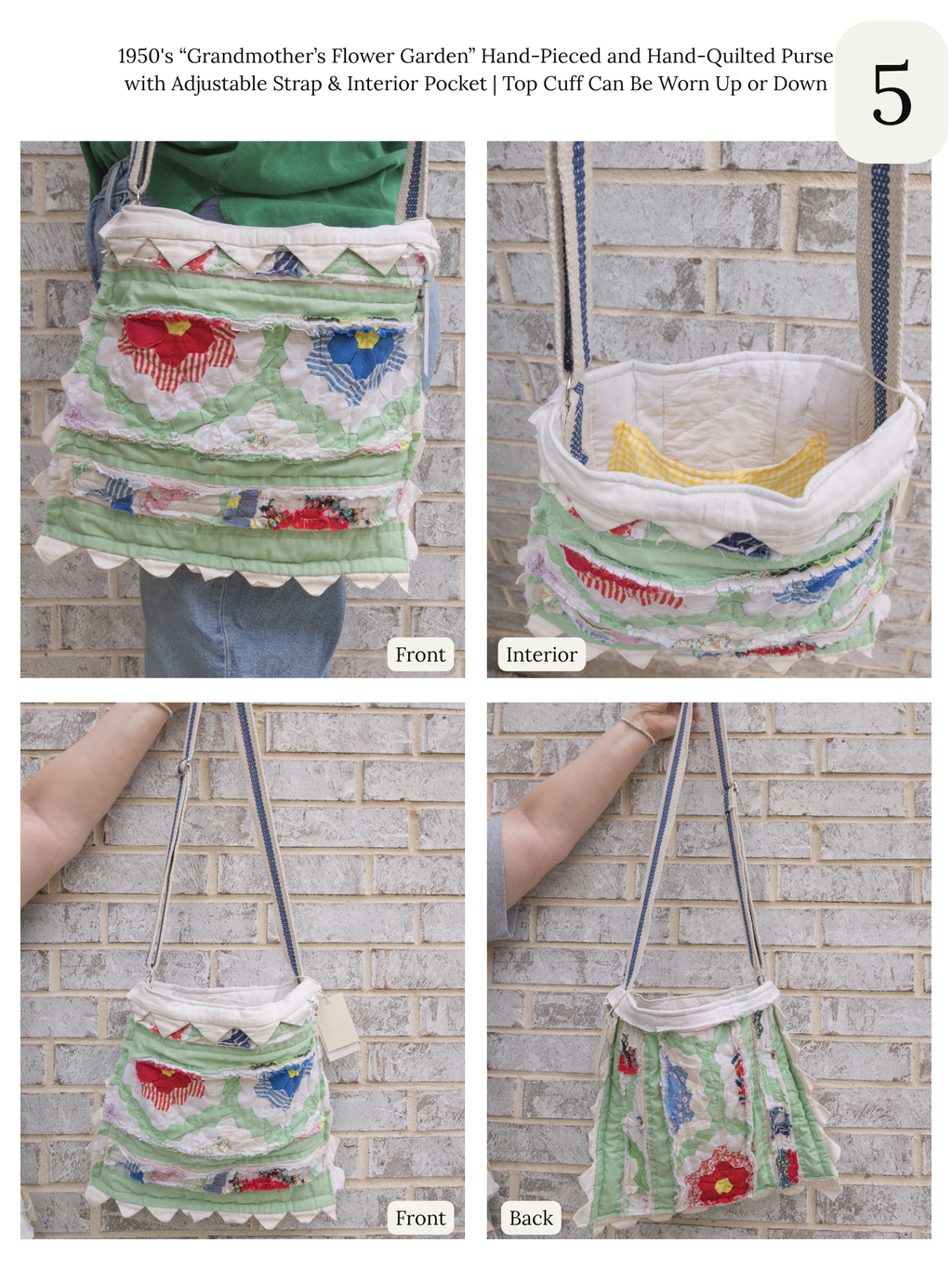 Antique Quilt Handmade Tote Bag Purse with Adjustable Strap and Interior Pocket, 6 Options