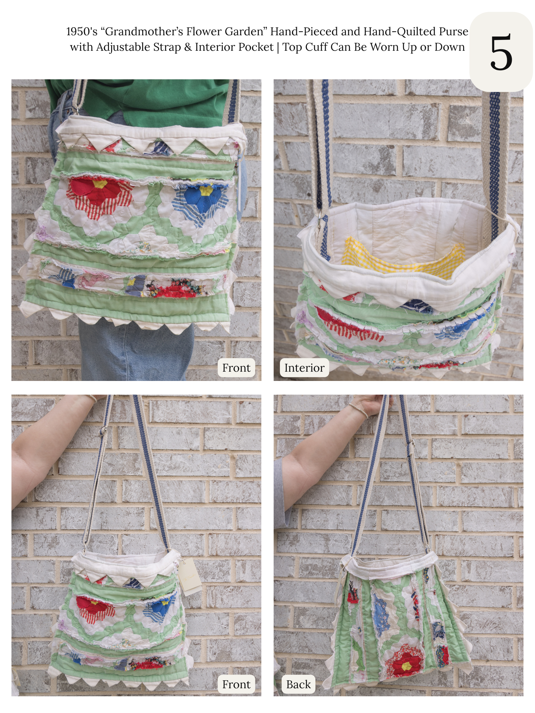 Antique Quilt Handmade Tote Bag Purse with Adjustable Strap and Interior Pocket, 6 Options