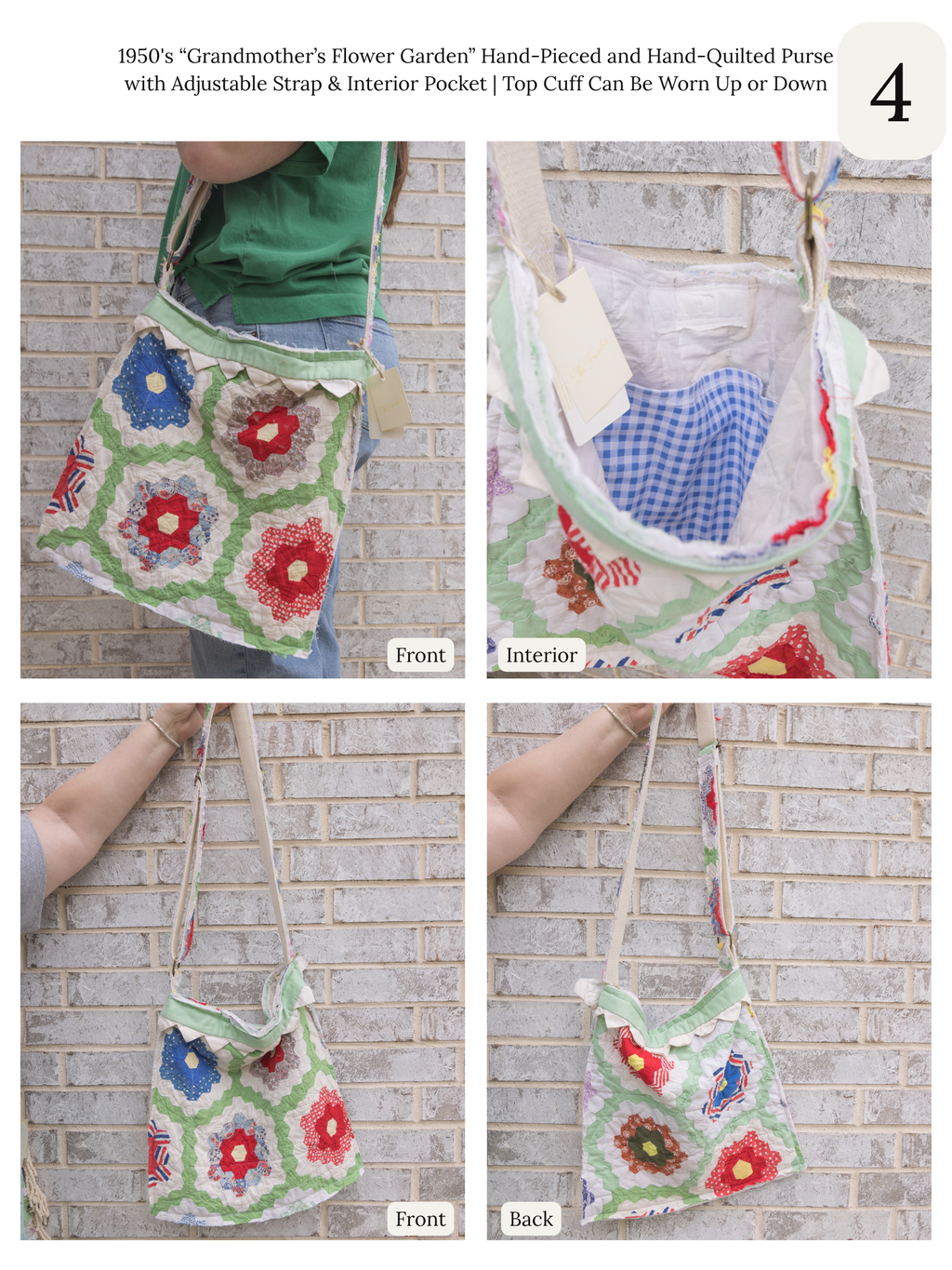 Antique Quilt Handmade Tote Bag Purse with Adjustable Strap and Interior Pocket, 6 Options
