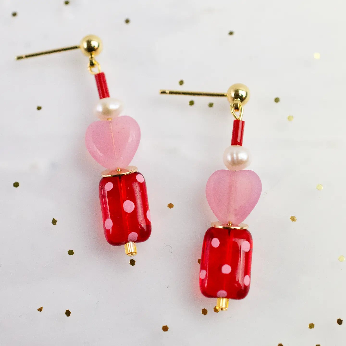 Valentina Polkadot Heart Earrings Pink and Red with Pearls
