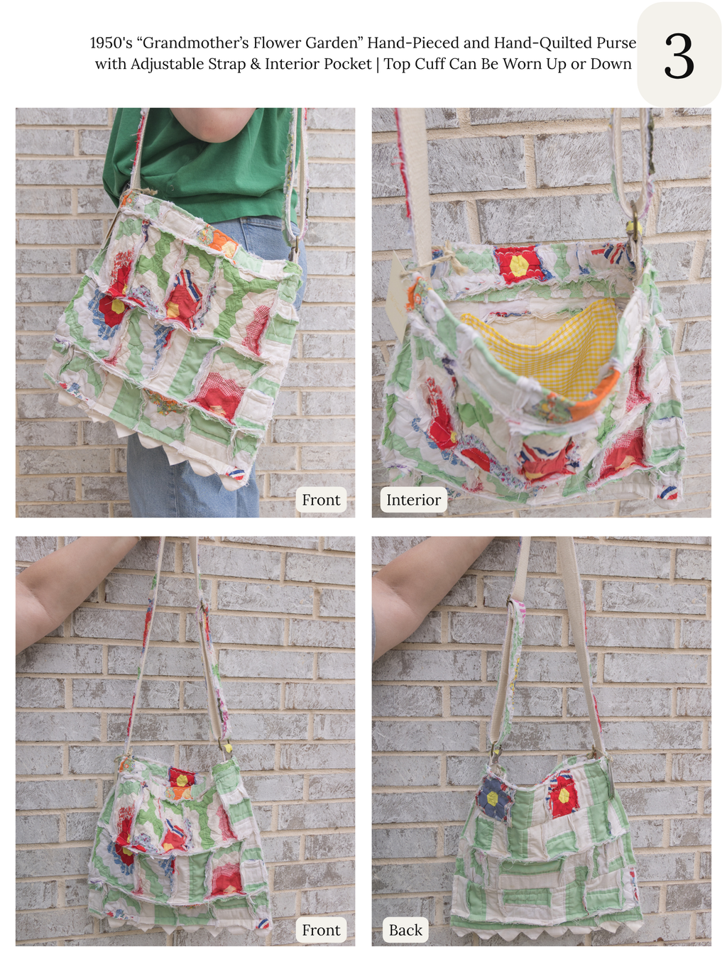 Antique Quilt Handmade Tote Bag Purse with Adjustable Strap and Interior Pocket, 6 Options