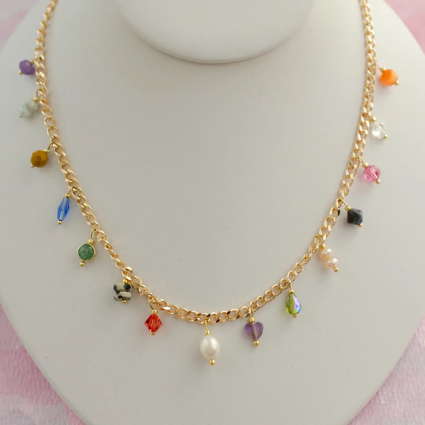 Multicharm Beaded Necklace On Curb Chain