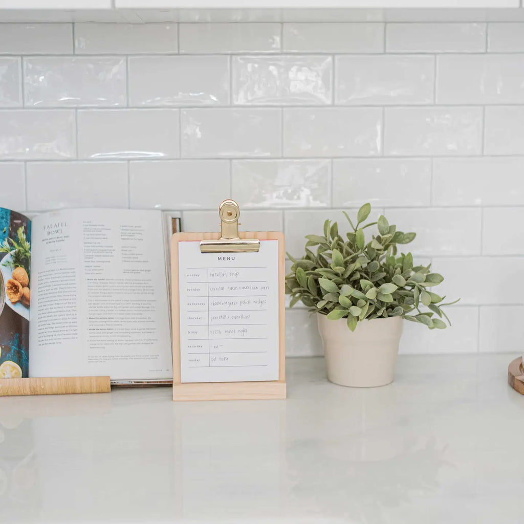 Weekly Menu Stand – Wooden Base with Refillable Meal Planner
