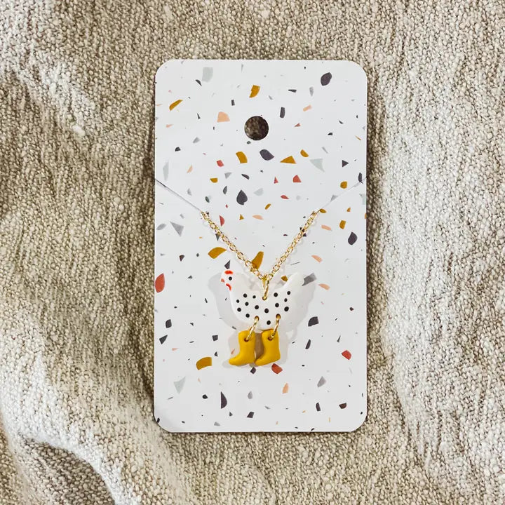 Chicken in Rain Boots Necklace, White Polka Dot/Yellow Boots