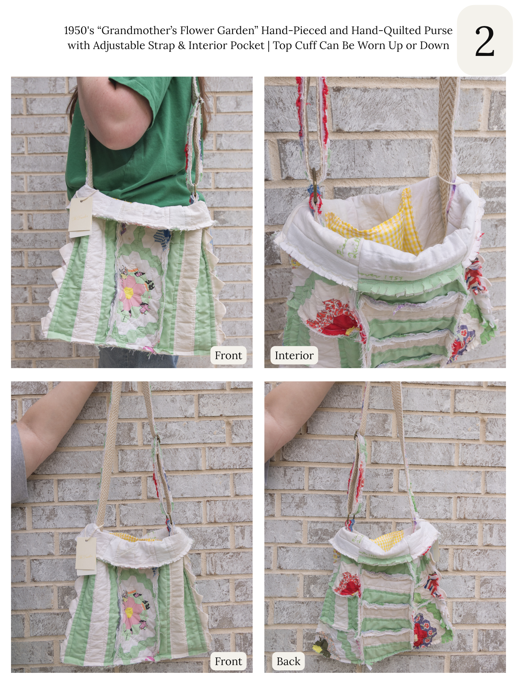 Antique Quilt Handmade Tote Bag Purse with Adjustable Strap and Interior Pocket, 6 Options