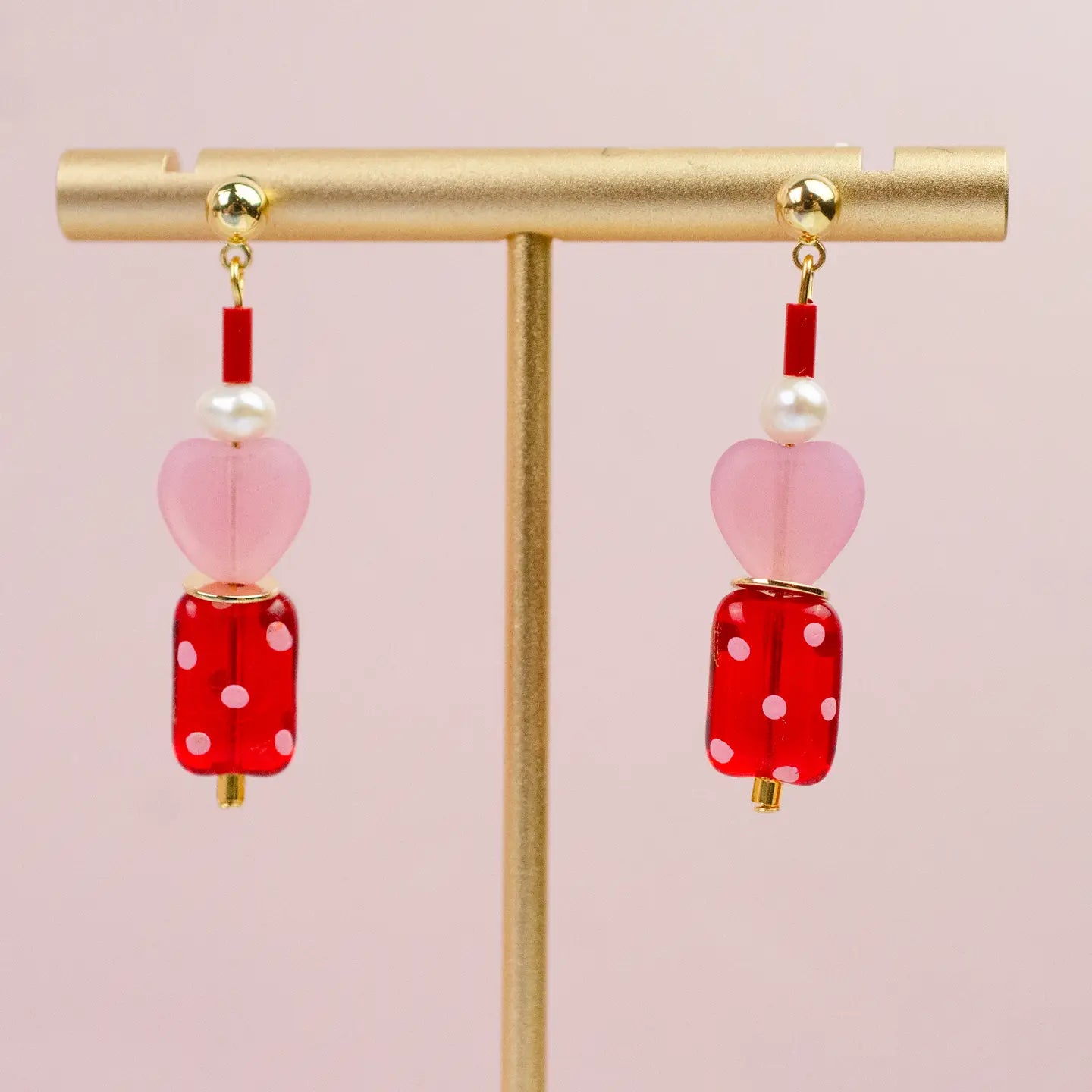 Valentina Polkadot Heart Earrings Pink and Red with Pearls