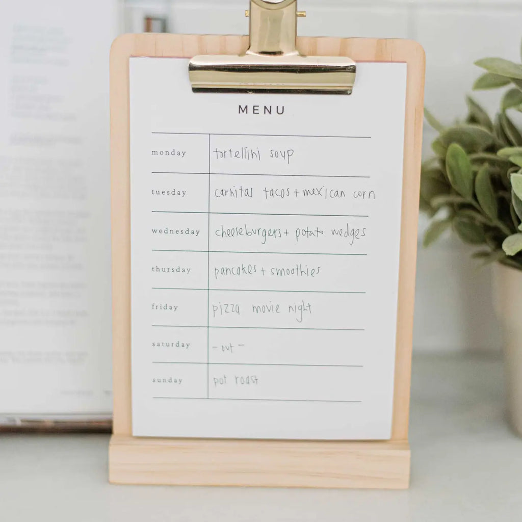 Weekly Menu Stand – Wooden Base with Refillable Meal Planner