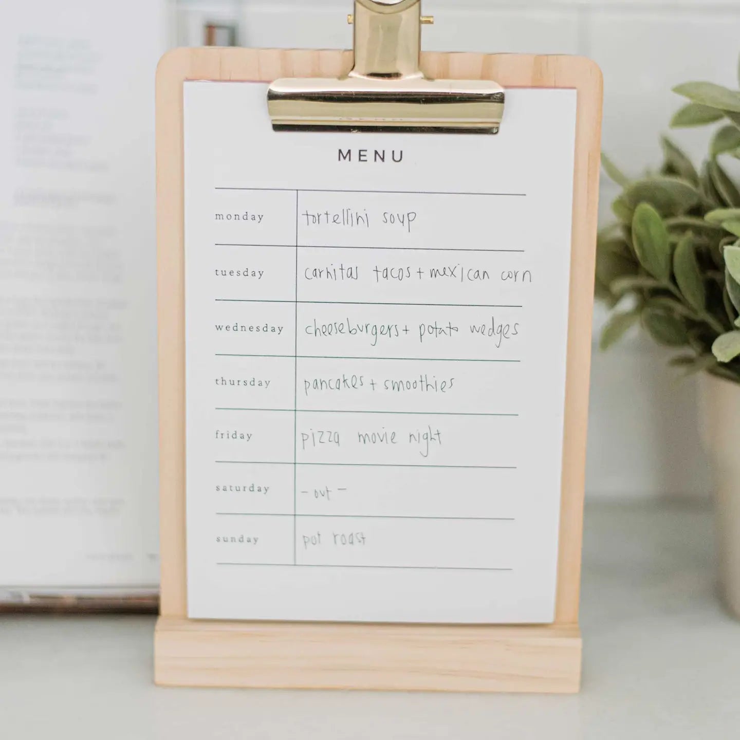 Weekly Menu Stand – Wooden Base with Refillable Meal Planner