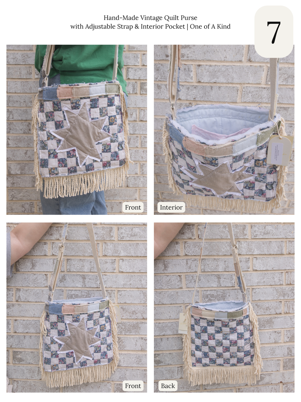 Hand-Made Vintage Quilt Tote Purse with Adjustable Strap & Interior Pocket, One of A Kind