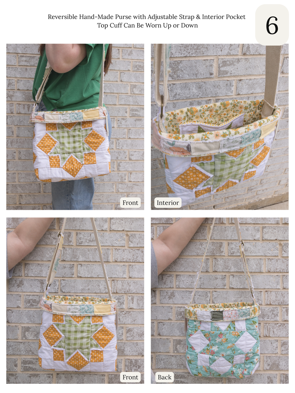 Reversible Hand-Made Quilted Purse with Adjustable Strap &amp; Interior Pocket