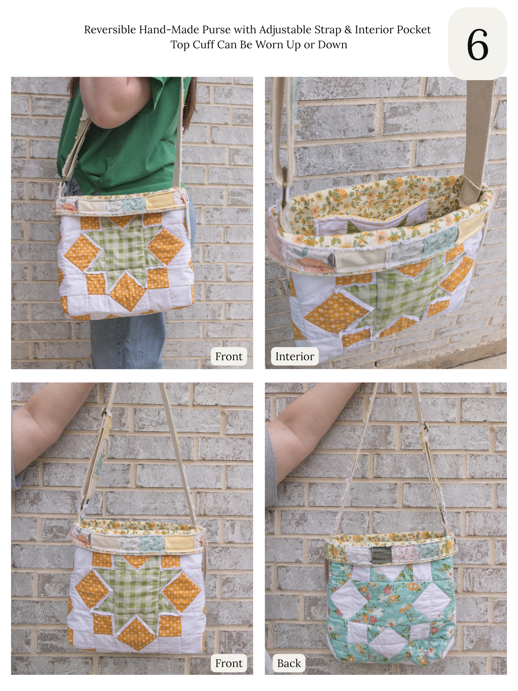 Reversible Hand-Made Quilted Purse with Adjustable Strap &amp; Interior Pocket