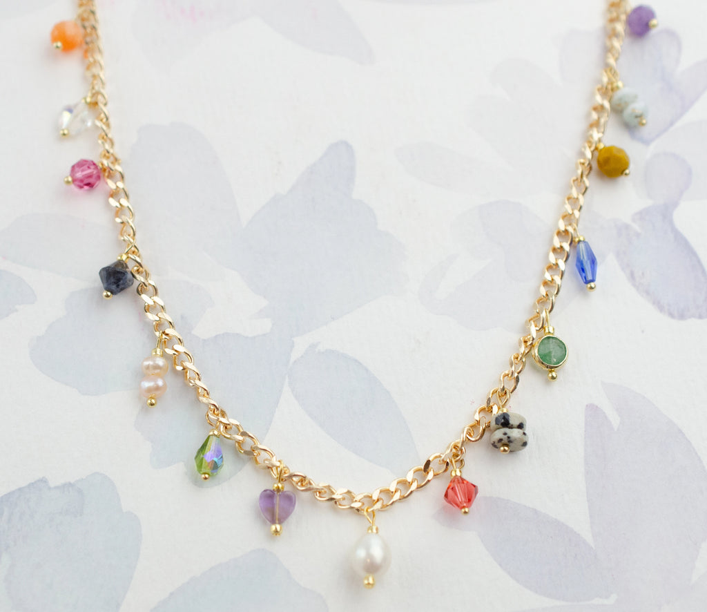 Multicharm Beaded Necklace On Curb Chain