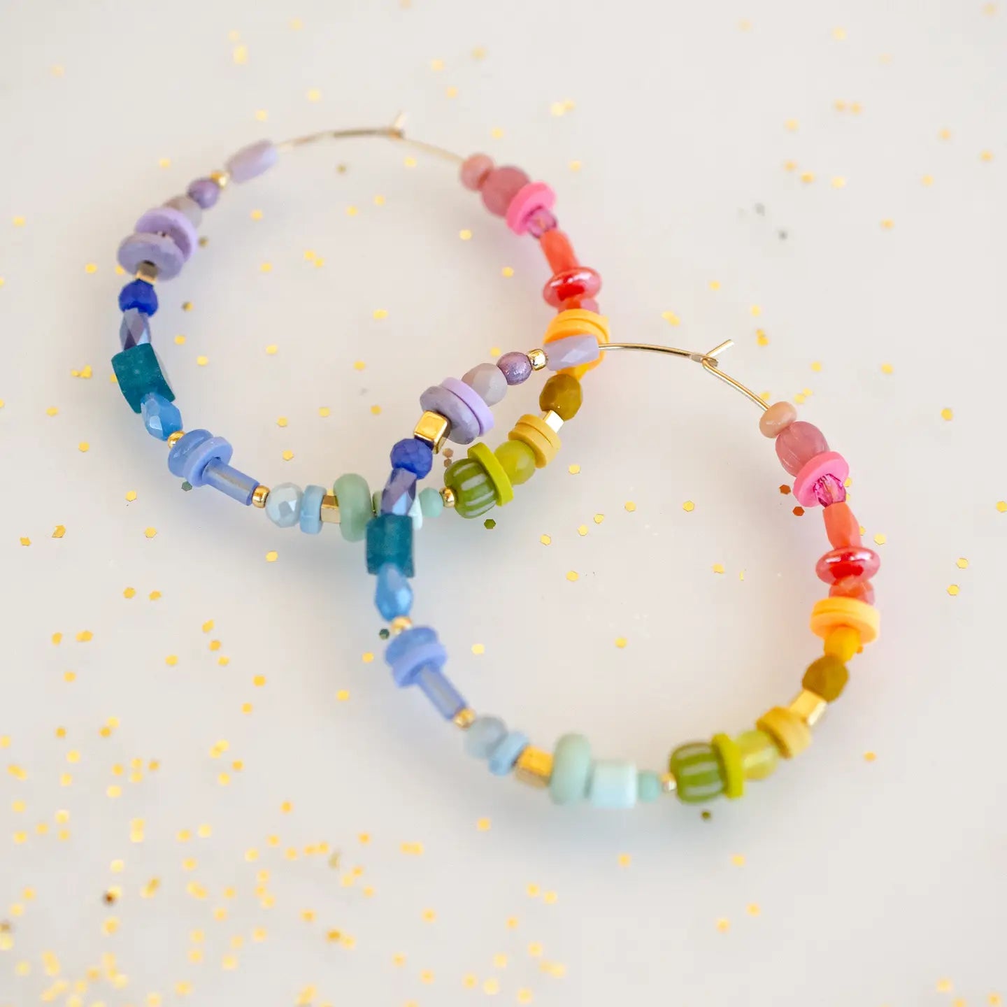Rainbow Beaded Large Hoop Earrings