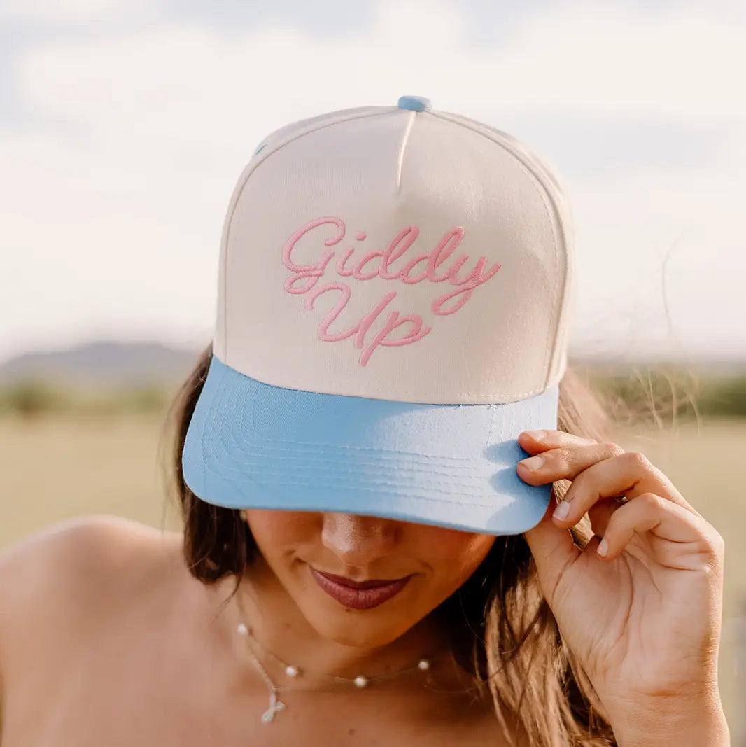 Giddy Up Pink and Blue Trucker Hat Embroidered