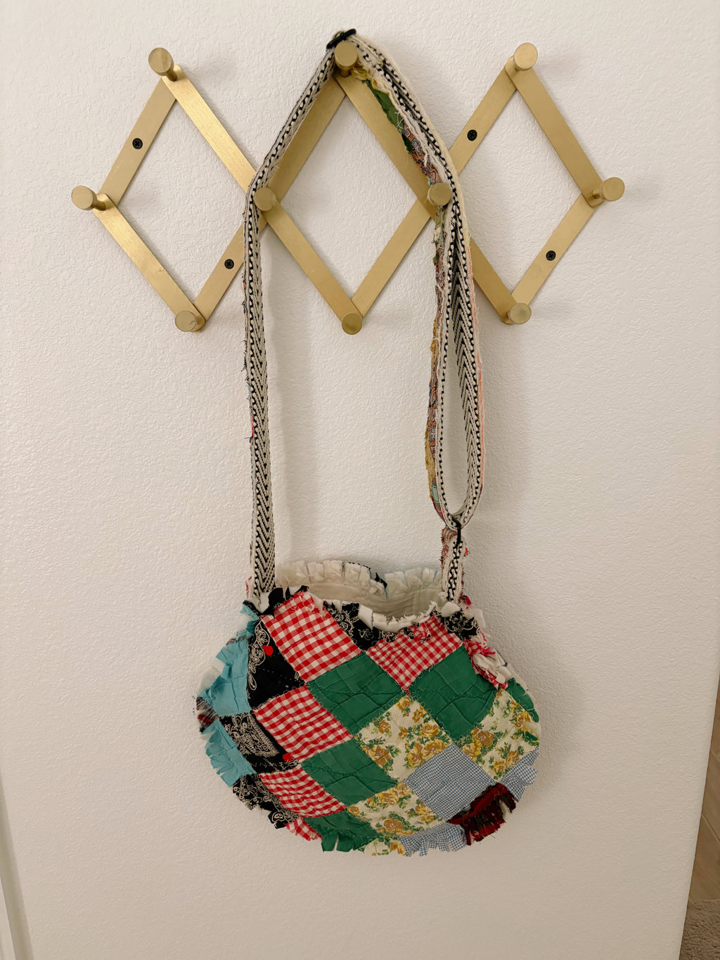 Hand-Made Vintage Quilt Round Tote Purse with Adjustable Strap & Interior Pocket, One of A Kind Dark Check