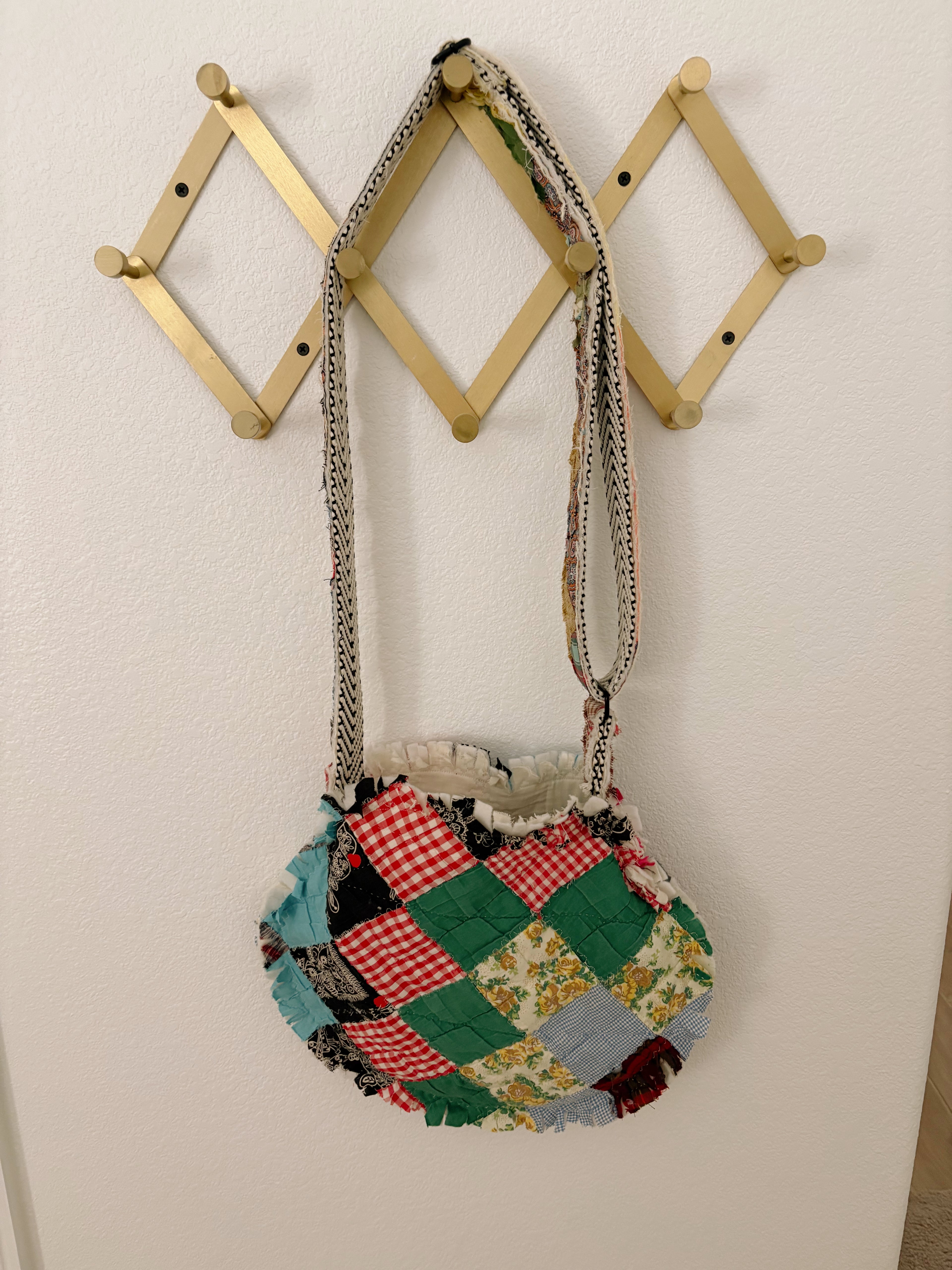 Hand-Made Vintage Quilt Round Tote Purse with Adjustable Strap & Interior Pocket, One of A Kind Dark Check