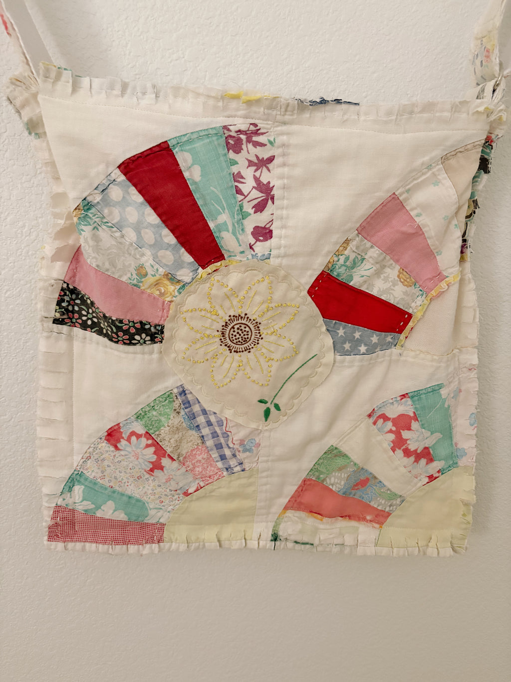 Hand-Made Vintage Quilt Sunflower Tote Purse with Adjustable Strap & Interior Pocket, One of A Kind