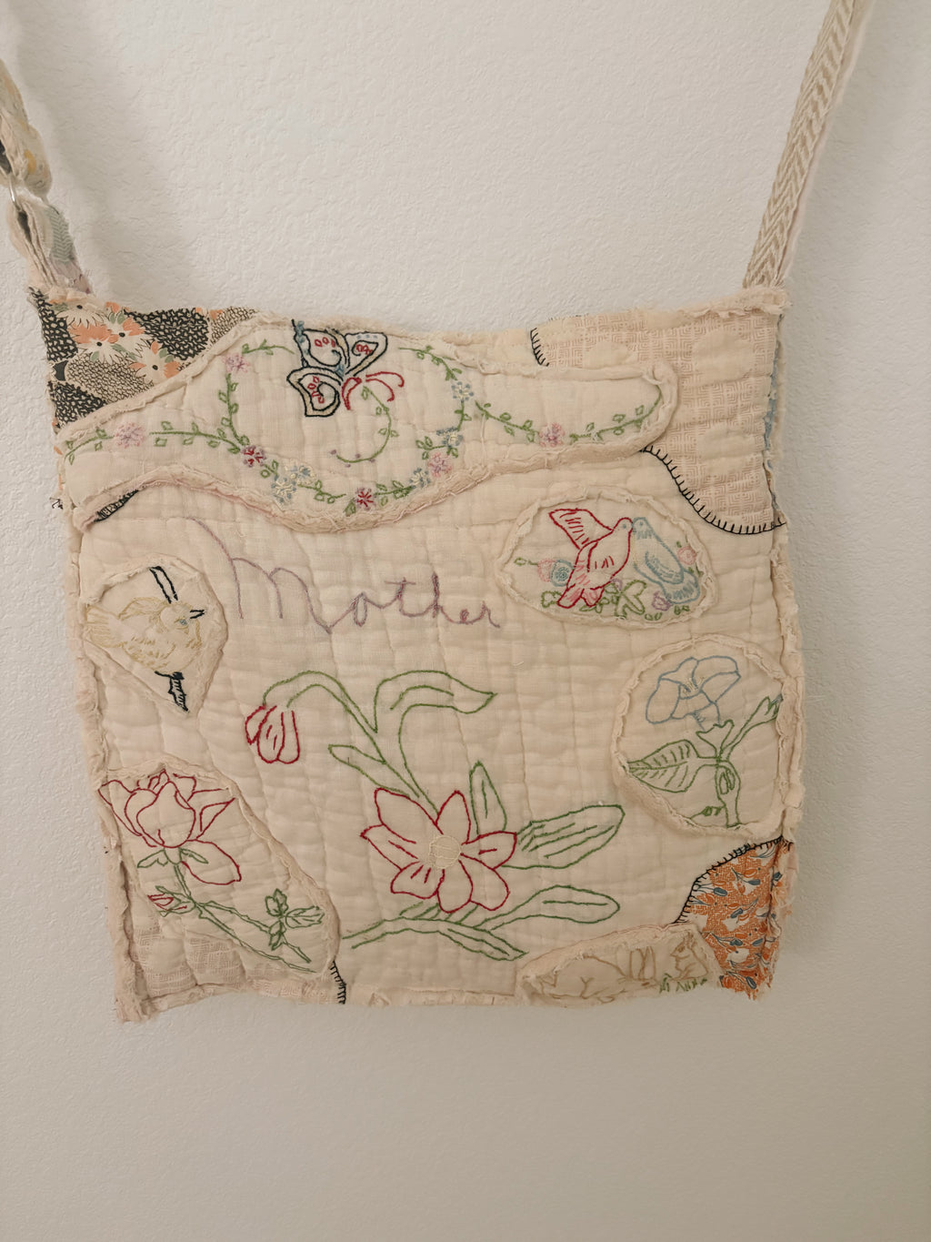 "Mother" Hand-Made Vintage Quilt Tote Purse with Adjustable Strap & Interior Pocket, One of A Kind