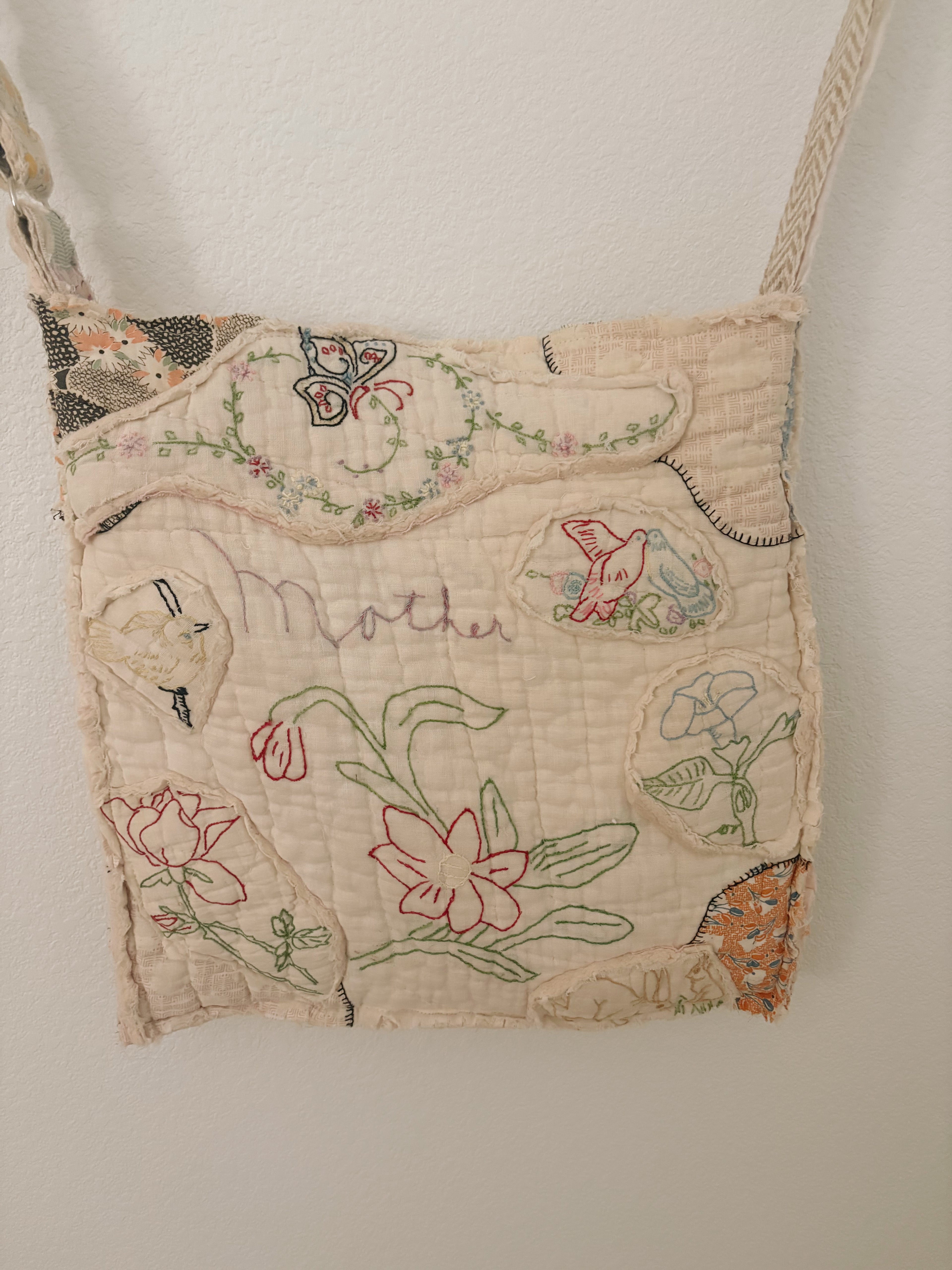 "Mother" Hand-Made Vintage Quilt Tote Purse with Adjustable Strap & Interior Pocket, One of A Kind