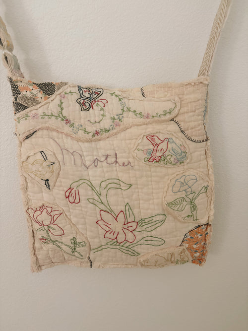 "Mother" Hand-Made Vintage Quilt Tote Purse with Adjustable Strap & Interior Pocket, One of A Kind