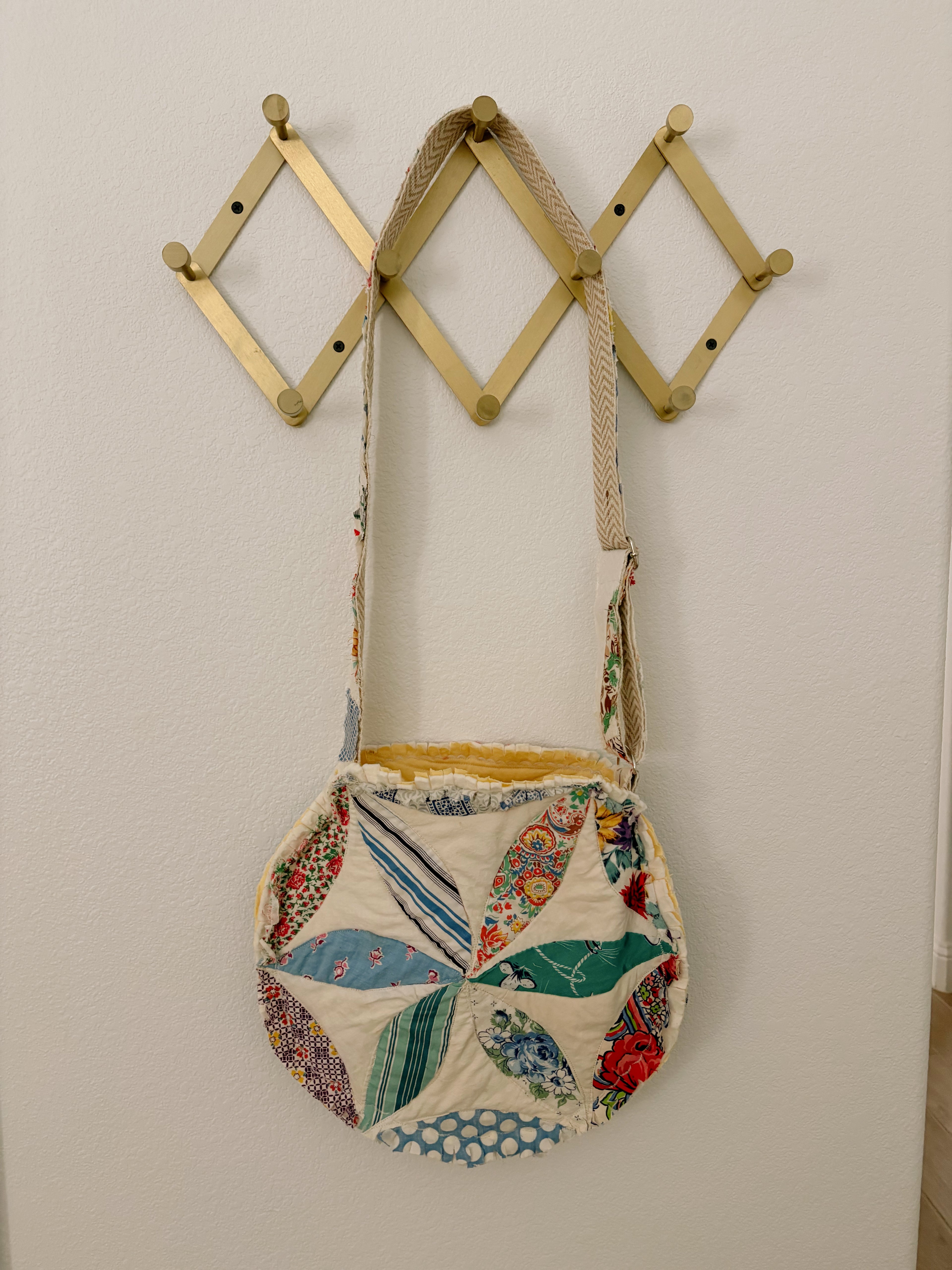 Hand-Made Vintage Quilt Round Tote Purse with Adjustable Strap & Interior Pocket, One of A Kind