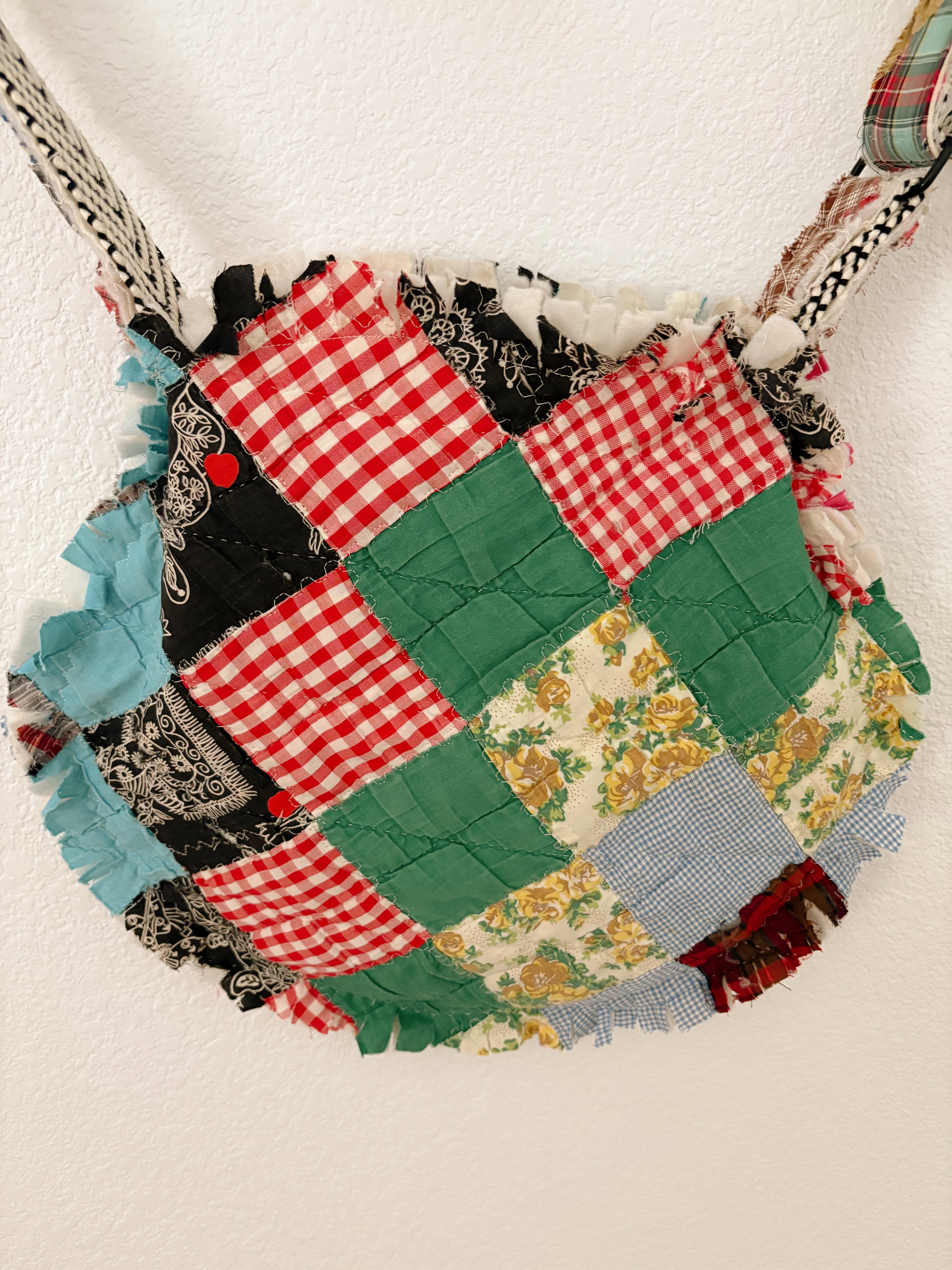 Hand-Made Vintage Quilt Round Tote Purse with Adjustable Strap & Interior Pocket, One of A Kind Dark Check