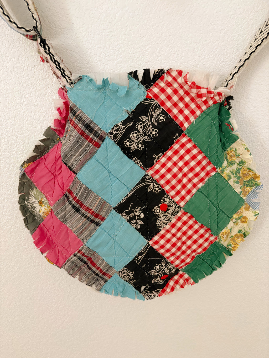 Hand-Made Vintage Quilt Round Tote Purse with Adjustable Strap & Interior Pocket, One of A Kind Dark Check