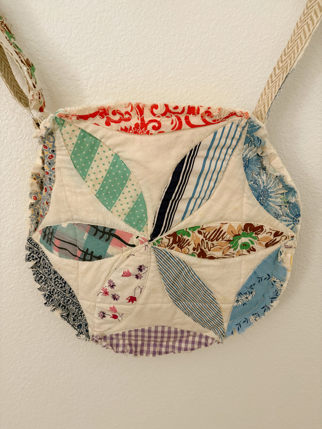 Hand-Made Vintage Quilt Round Tote Purse with Adjustable Strap & Interior Pocket, One of A Kind