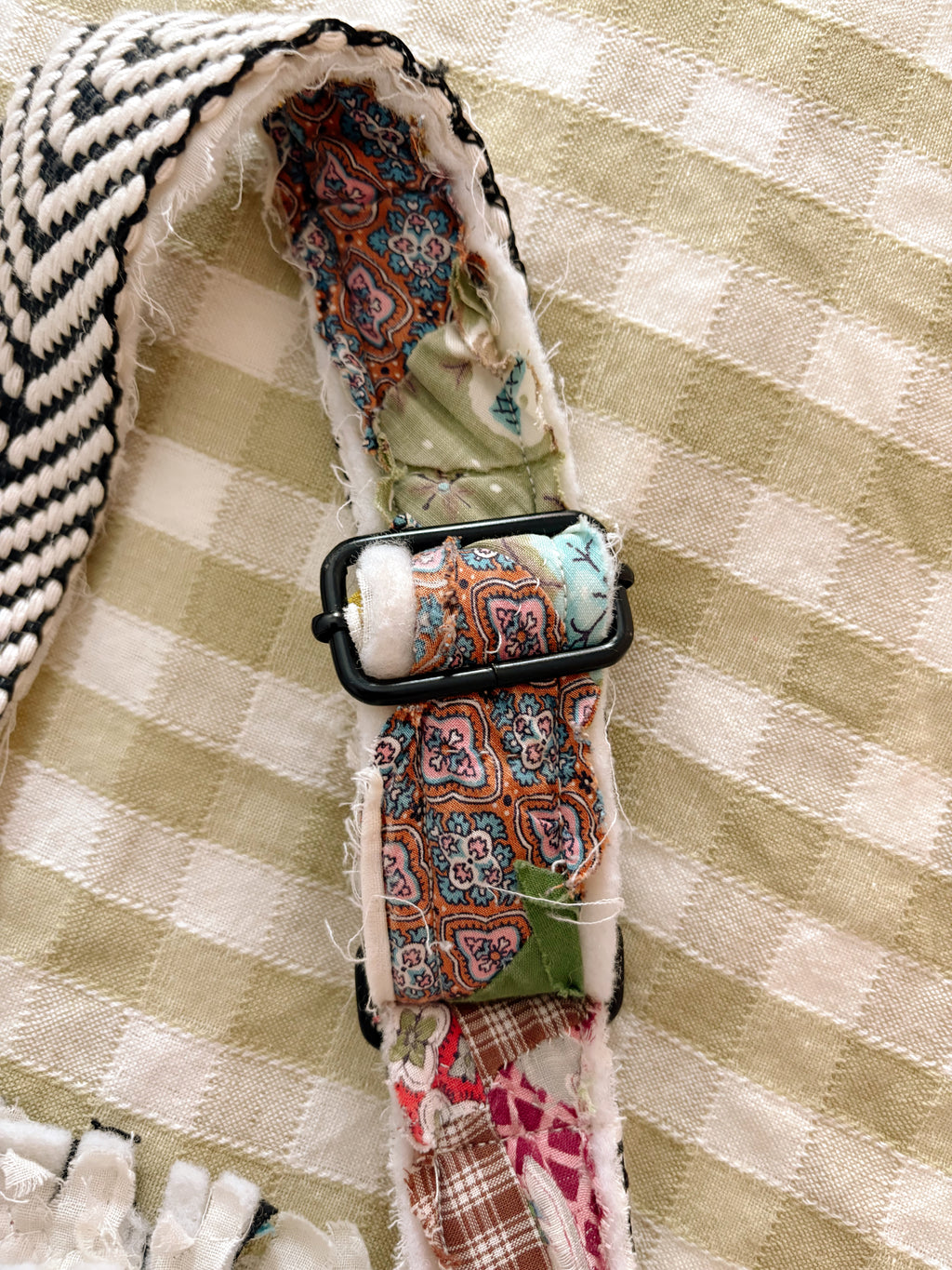 Hand-Made Vintage Quilt Round Tote Purse with Adjustable Strap & Interior Pocket, One of A Kind Dark Check