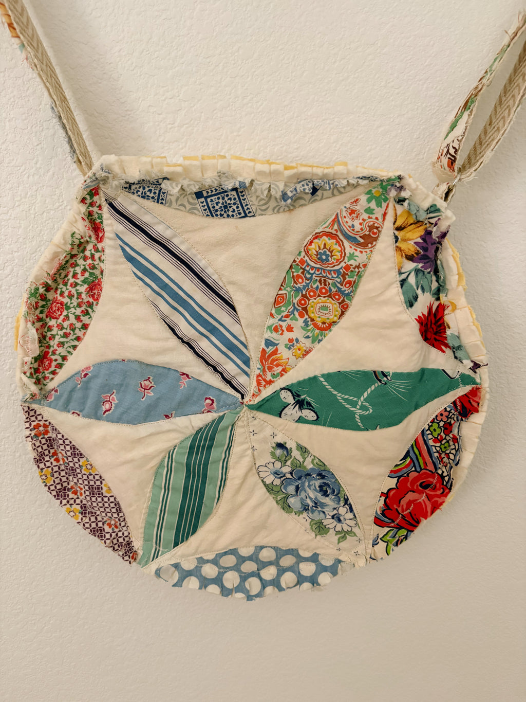 Hand-Made Vintage Quilt Round Tote Purse with Adjustable Strap & Interior Pocket, One of A Kind