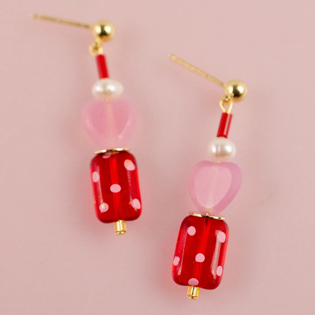 Valentina Polkadot Heart Earrings Pink and Red with Pearls