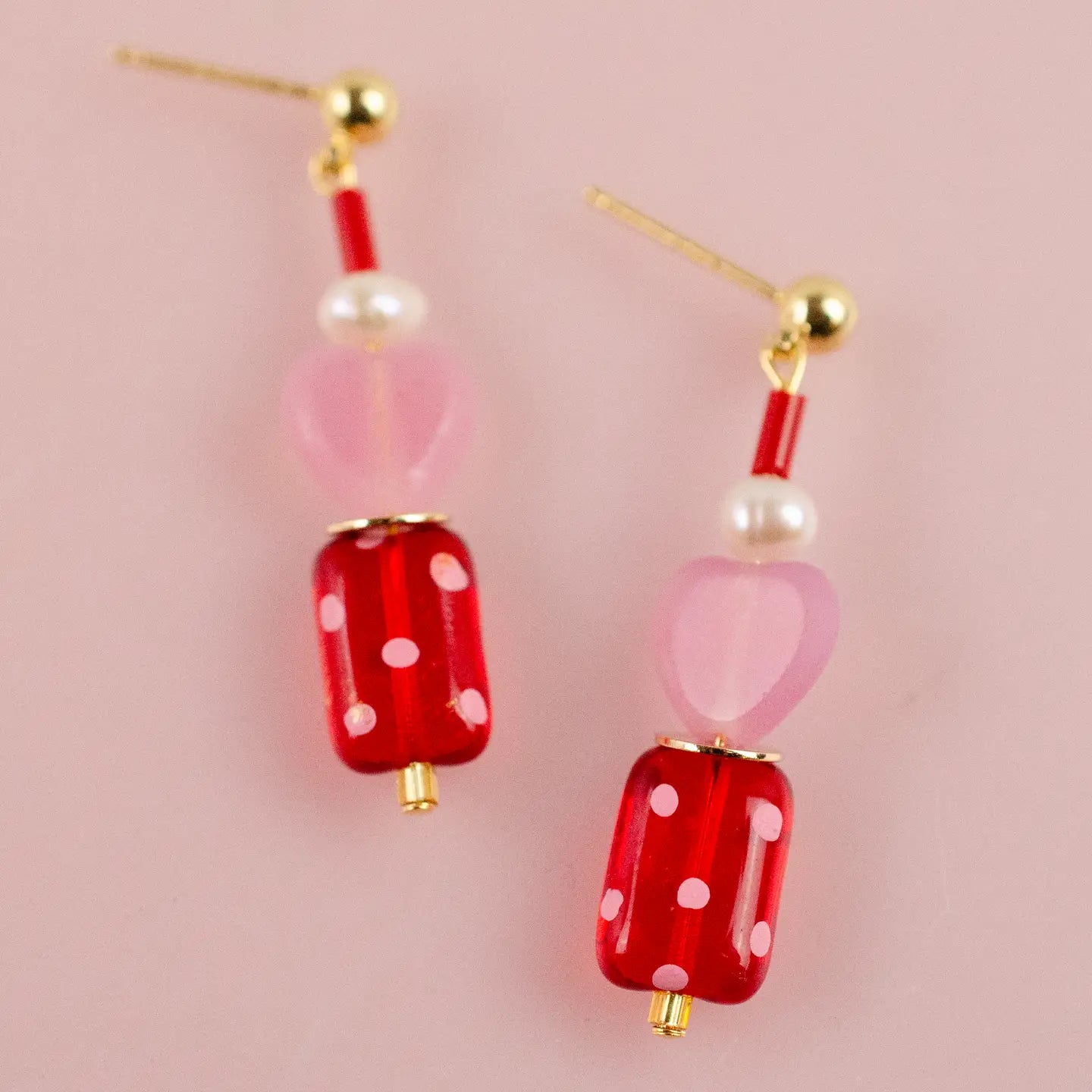 Valentina Polkadot Heart Earrings Pink and Red with Pearls