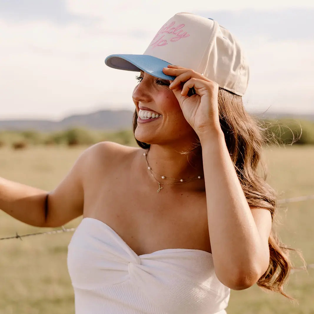Giddy Up Pink and Blue Trucker Hat Embroidered