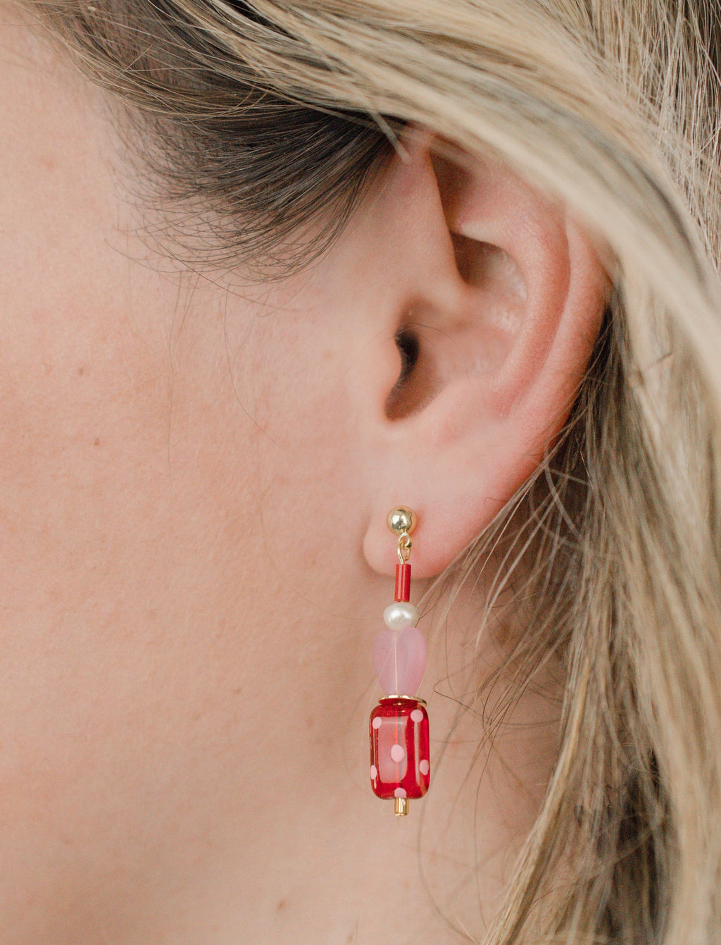 Valentina Polkadot Heart Earrings Pink and Red with Pearls