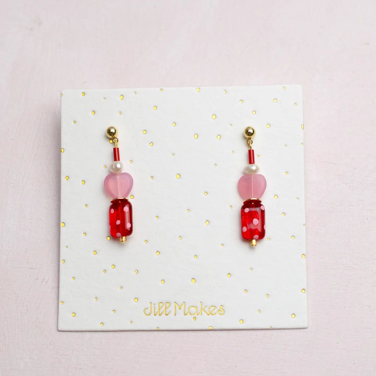 Valentina Polkadot Heart Earrings Pink and Red with Pearls