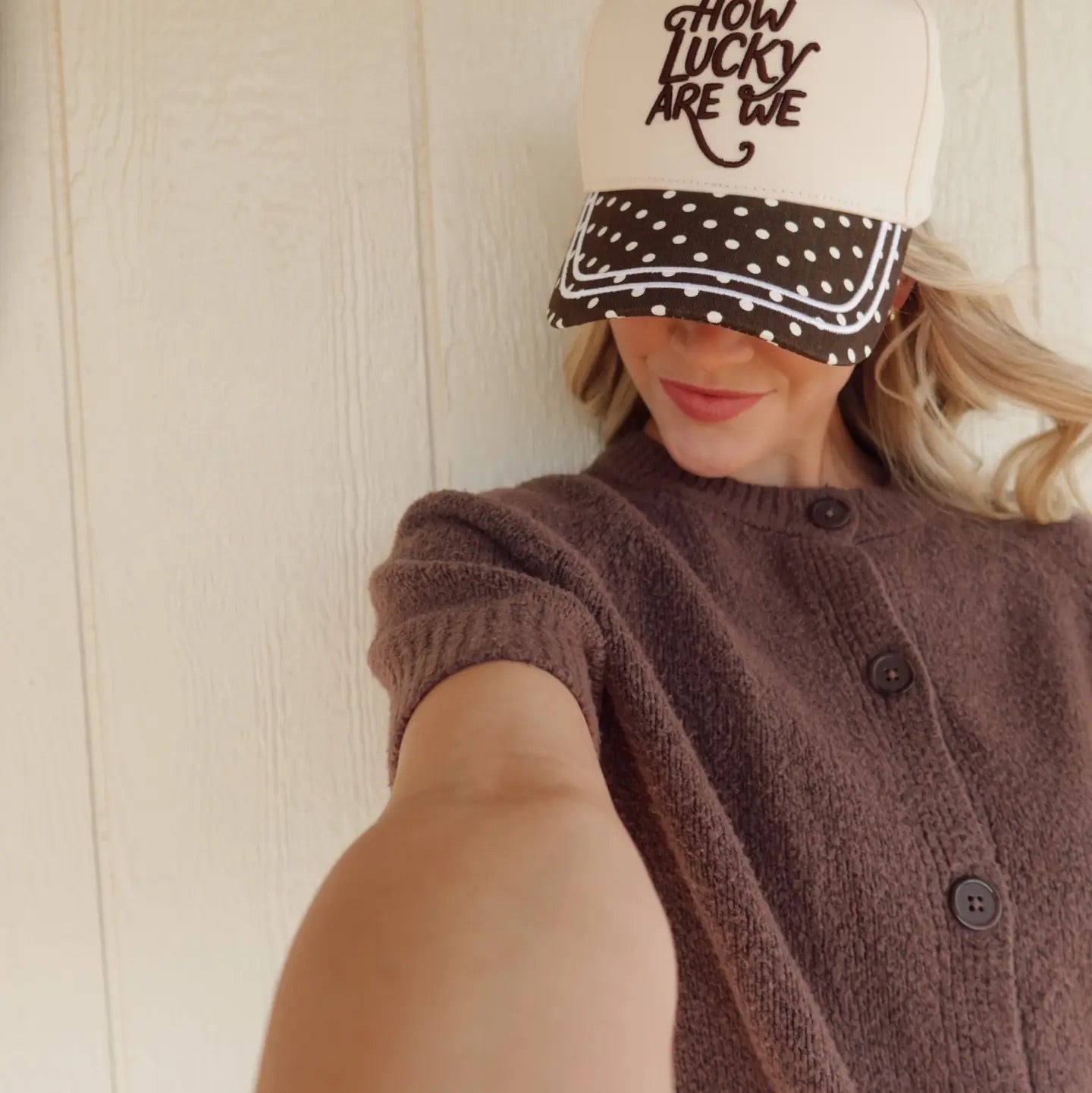 How Lucky Are We Polka Dot Trucker Hat Brown & Cream