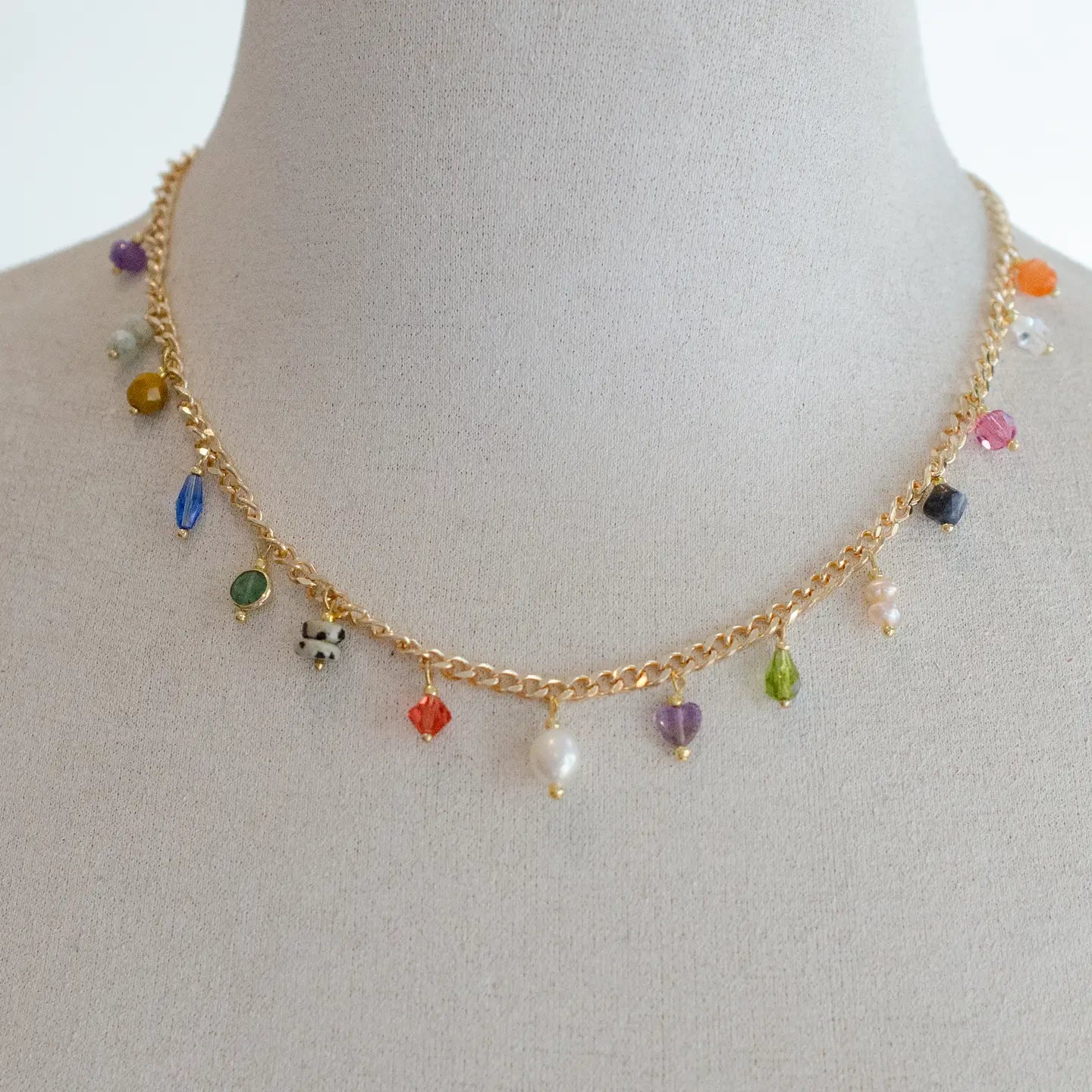 Multicharm Beaded Necklace On Curb Chain